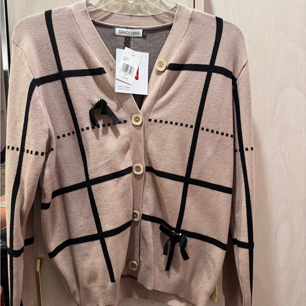 Chic Beige and Black Cardigan by Fancy Yang
